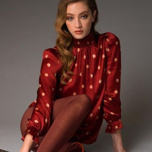 Tucker Stella Top Red Pearls in Silk Stretch Charmeuse Long Sleeves Mock Neck - Picture 1 of 3